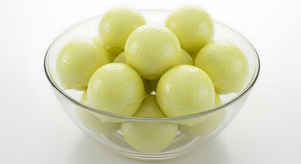 Melon Spheres of Cantaloupe and Honeydew in Glass Bowl on White Background in High-Resolution Photograph Emphasizing Color and Texture Contrast