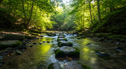 Obraz premium Tranquil Stream Through Forest With Stepping Stones and Sunlit Canopy