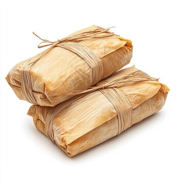 Two wrapped packages stacked on top of each other tied with string on a white background surface