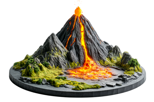 Volcanic Landscape Model, Lava Flowing, Plateau, cut out transparent