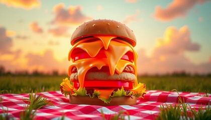 Naklejka premium Golden Hour Double Cheeseburger on Red Picnic Blanket Lush Green Field with Warm Sunlight Summer Delightful and Appetizing