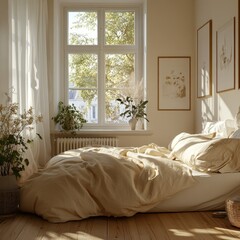 Fototapeta premium Sunny, cozy bedroom with warm beige tones