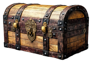 Aged wooden treasure chest with metal accents, cut out transparent