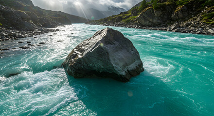 Majestic Turquoise River Flows Around The Central Boulder Under Sunlight