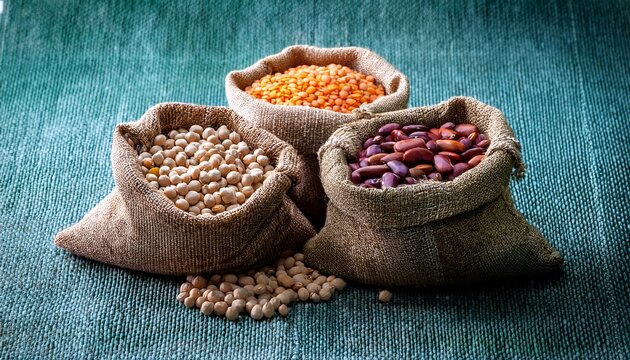 various dry legumes in a sack cloth different dry legumes for background