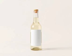 an empty glass bottle with a cork stopper, placed against a plain background