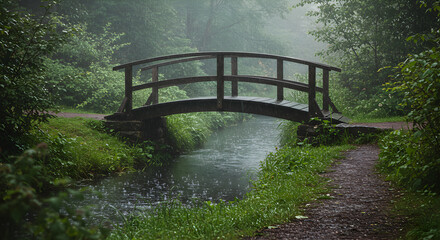 Rustic Wooden Bridge Over Small River Amidst Lush Verdant Forest Landscape