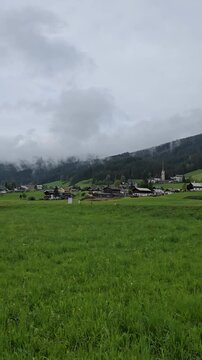 Panoramic view of Church in scenic Gosau village in Austria.
