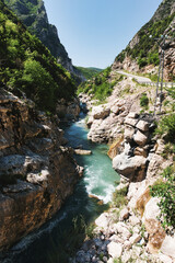 Obraz premium Bovilla, Albania - April 27, 2024. Attractive spring view of Bovilla Lake, Tirana city location. Majestic morning landscape of Albania, Europe. Beauty of nature concept background. Hike, breath, relax