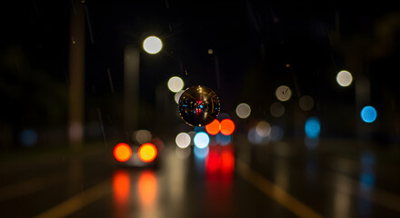 Nighttime Reflections Capturing Urban Lightscape Through Car Windshield View