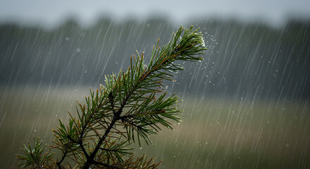 Pine Branch Drenched In Raindrops With a Soft Blurred Background