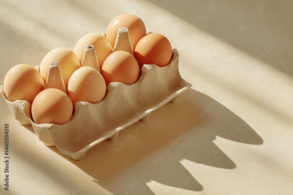 Poster Minimalist Carton of Eggs Casting Soft Shadows on a White Backdrop in a Serene Kitchen Setting Generative AI