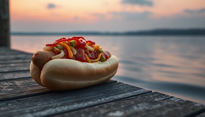 Hotdog Topped with Ketchup Mustard and Relish on Wooden Dock at Sunset with Orange and Purple Sky above Water