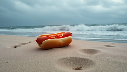 Obraz premium Hotdog Topped with Mustard on Sandy Beach Ocean Waves Crashing in Background Under Overcast Sky Photo Perfect For Beach Decoration Near Coastline