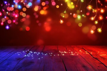 Festive Lights and Wooden Table Background - Colorful bokeh lights, wooden surface, celebratory mood, vibrant colors, magical atmosphere. Symbolizing joy, celebration, warmth, wonder, and festivity