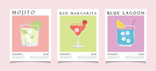 Summer cocktails posters collection. Alcoholic drink recipe concept wall art. Trendy prints