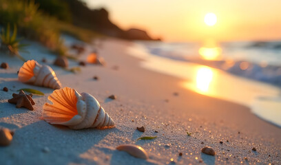 Scene Composition: A serene beach landscape with light sand, faint seashells, and beach debris scattered across the shore. 