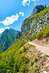 Bovilla, Albania - April 27, 2024. Attractive spring view of Bovilla Lake, Tirana city location. Majestic morning landscape of Albania, Europe. Beauty of nature concept background. Hike, breath, relax