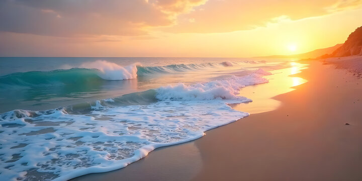 Scene Composition: A serene minimalist beachside background with softly crashing waves and a warm sky at sunrise. Incorporate strategic negative space for visual balance and specify a delicate, feathe