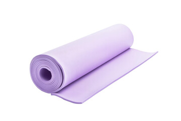 Rolled violet exercise mat, fitness accessory, isolated, cut out transparent