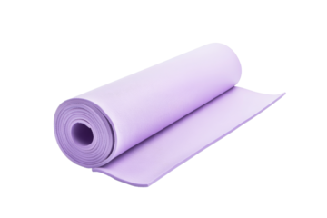 Rolled violet exercise mat, fitness accessory, isolated, cut out transparent