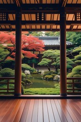 Serene Japanese garden viewed from a wooden veranda with vibrant red maple

