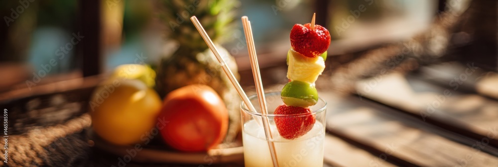 Poster refreshing tropical drink with fruit skewers and paper straws in a serene outdoor setting during sun