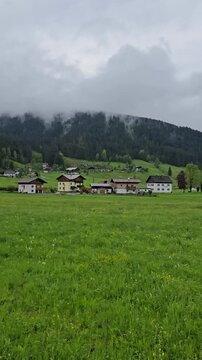Panoramic view of Church in scenic Gosau village in Austria.
