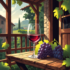 A RUSTIC TABLE WITH A BOTTLE OF WINE AND A GLASS WITH WINE AND A BUNCH OF GRAPES SHOWING A FARM SCENE IN THE BACKGROUN
