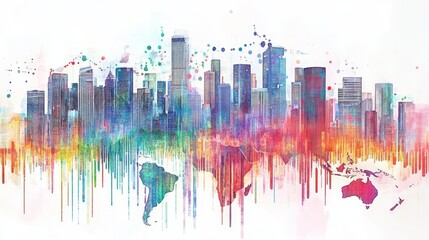 Fototapeta premium Global Cityscape Watercolor Art - Vibrant watercolor painting of a city skyline merging with a world map, symbolizing global connection and urban life