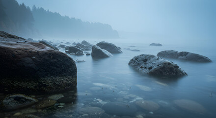 Obraz premium Misty Seascape With Rocks And Evergreen Trees On The Horizon