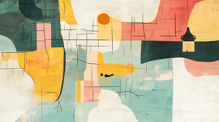 A vintage-inspired abstract map with irregular lines, faded landmarks, and muted pastel tones