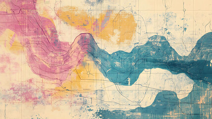 A vintage-inspired abstract map with irregular lines, faded landmarks, and muted pastel tones
