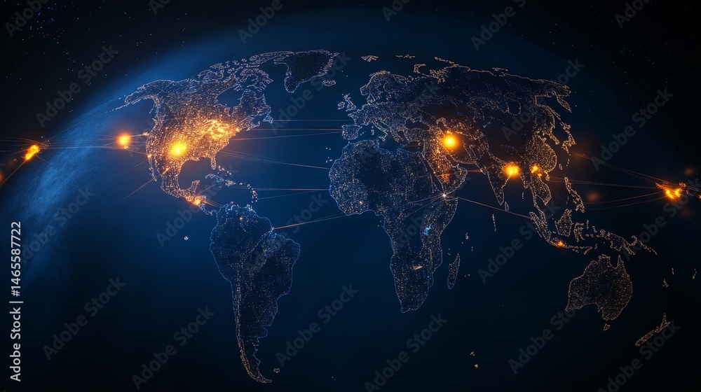 Poster global network connections - illuminated world map showcasing interconnectedness via glowing lines, 
