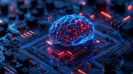 floating transparent brain model with glowing neural pathways dark circuit board background neon blue hyperrealistic materials studio lighting 169 aspect ratio