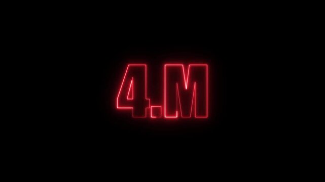 4m four million neon glowing red color text animation. Neon 4M text animation on black background.