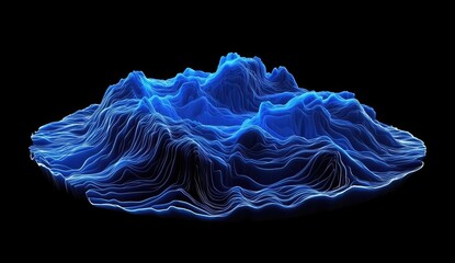 Fototapeta premium Abstract landscape, glowing blue contours form a topographic map. A 3D model of a topographic structure