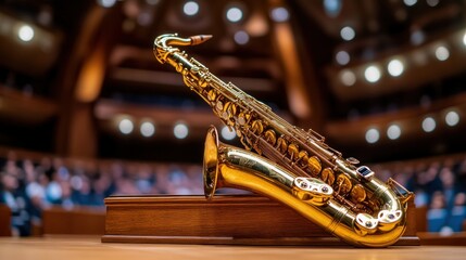 Fototapeta premium Gold saxophone on stage, concert hall