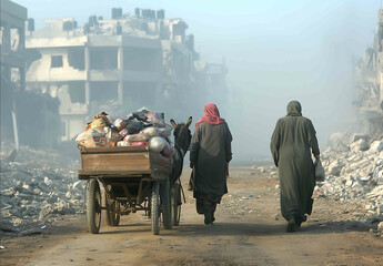 Photo of the destroyed Gaza City people walking with a donkey cart full of items with building destructions in the background