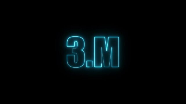 3m three million neon glowing cyan color text animation. Neon 4M text animation on black background.