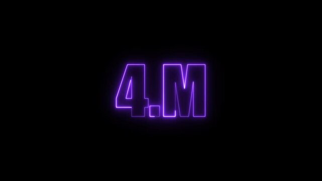 4m four million neon glowing cyan color text animation. Neon 4M text animation on black background.