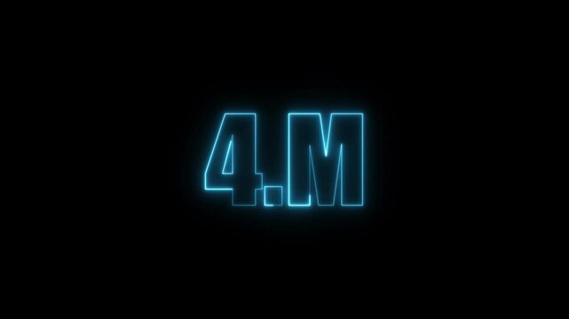 4m four million neon glowing cyan color text animation. Neon 4M text animation on black background.