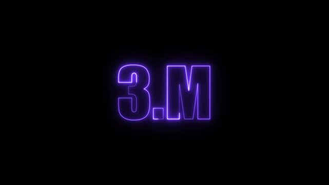 3m three million neon glowing purple color text animation. Neon 4M text animation on black background.