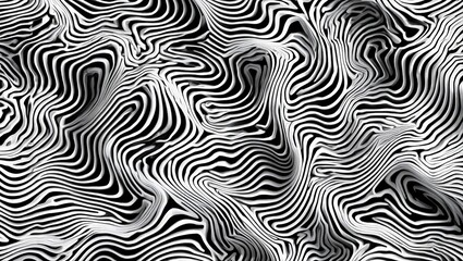 Black and white abstract pattern of topographic contour lines creating a dynamic 3D effect with undulating curves and layers 