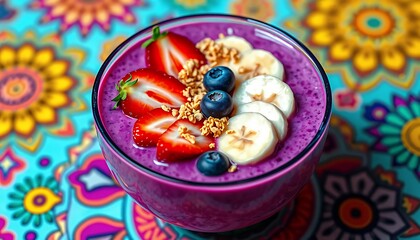 Top View Purple Smoothie Bowl Topped with Strawberries Bananas and Blueberries on Vibrant Patterned Tablecloth for Healthy Breakfast and Celebration