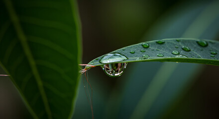 Leaf Embracing Raindrop Reflecting the Natural World With Exquisite Clarity