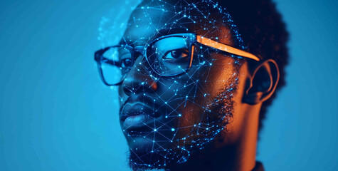 Hightech double exposure concept with a digital human silhouette thinking about big data and artificial intelligence technology against a blue background A Black man in glasses look