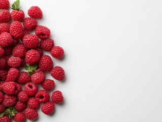 Pile of fresh raspberries with natural shadows, bright red tone on pure white background