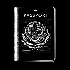 Fototapeta premium Passport in Woodcut Illustration Style with Globe and Laurel, Black and White, Representing International Travel Identity against Black Background.