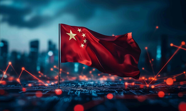 A Chinese flag on top of an electronic chip symbolizing the countrys role in global technology and innovation The scene is set against a backdrop of circuit boards and digital conne